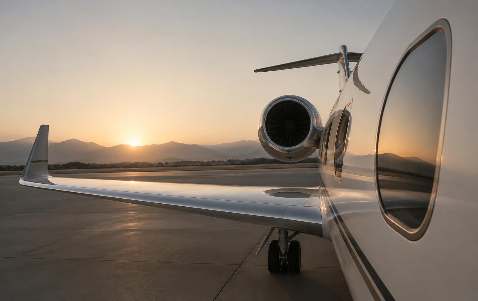 Wing and cabin window of a private aircraft on a quiet tarmac at first light